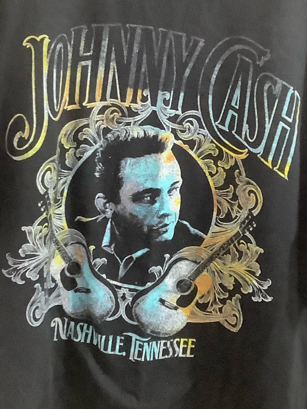 Johnny Cash Graphic Tshirt Black with Yellow and Blue Size Large